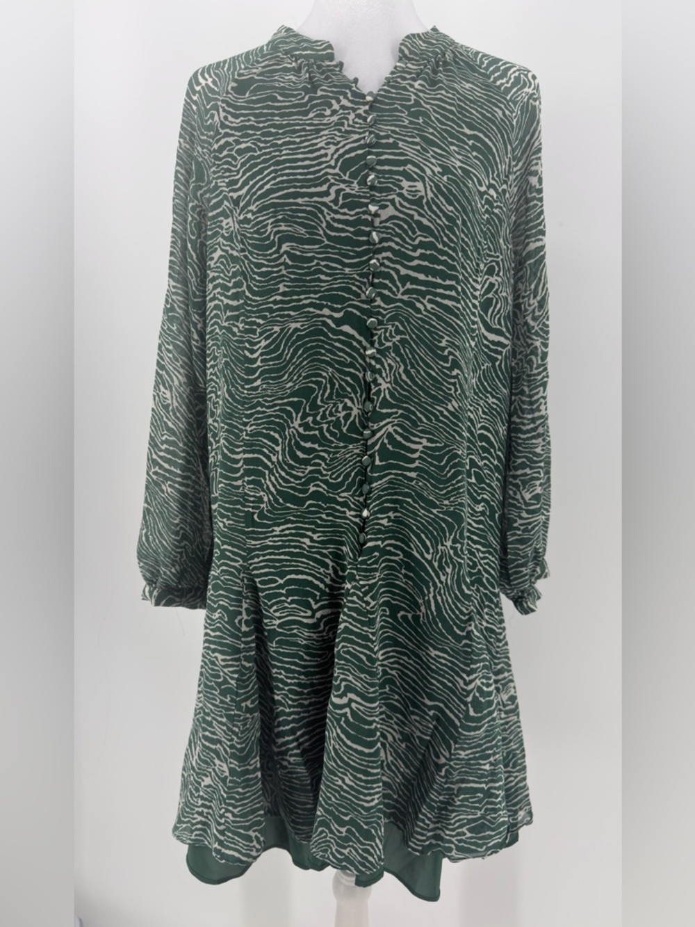 Joie Anthropologie Size M Forest Green & Ivory Abstract Button-Front Silk Dress
